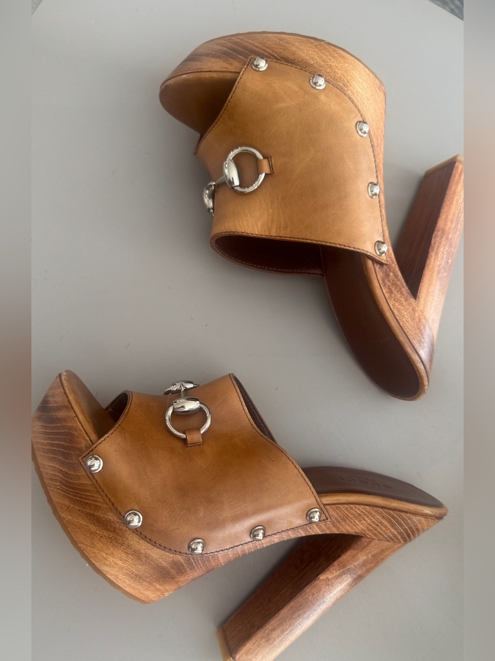Gucci Tan Leather Platform Clog Heels with Silver Hardware - Picture 2 of 7